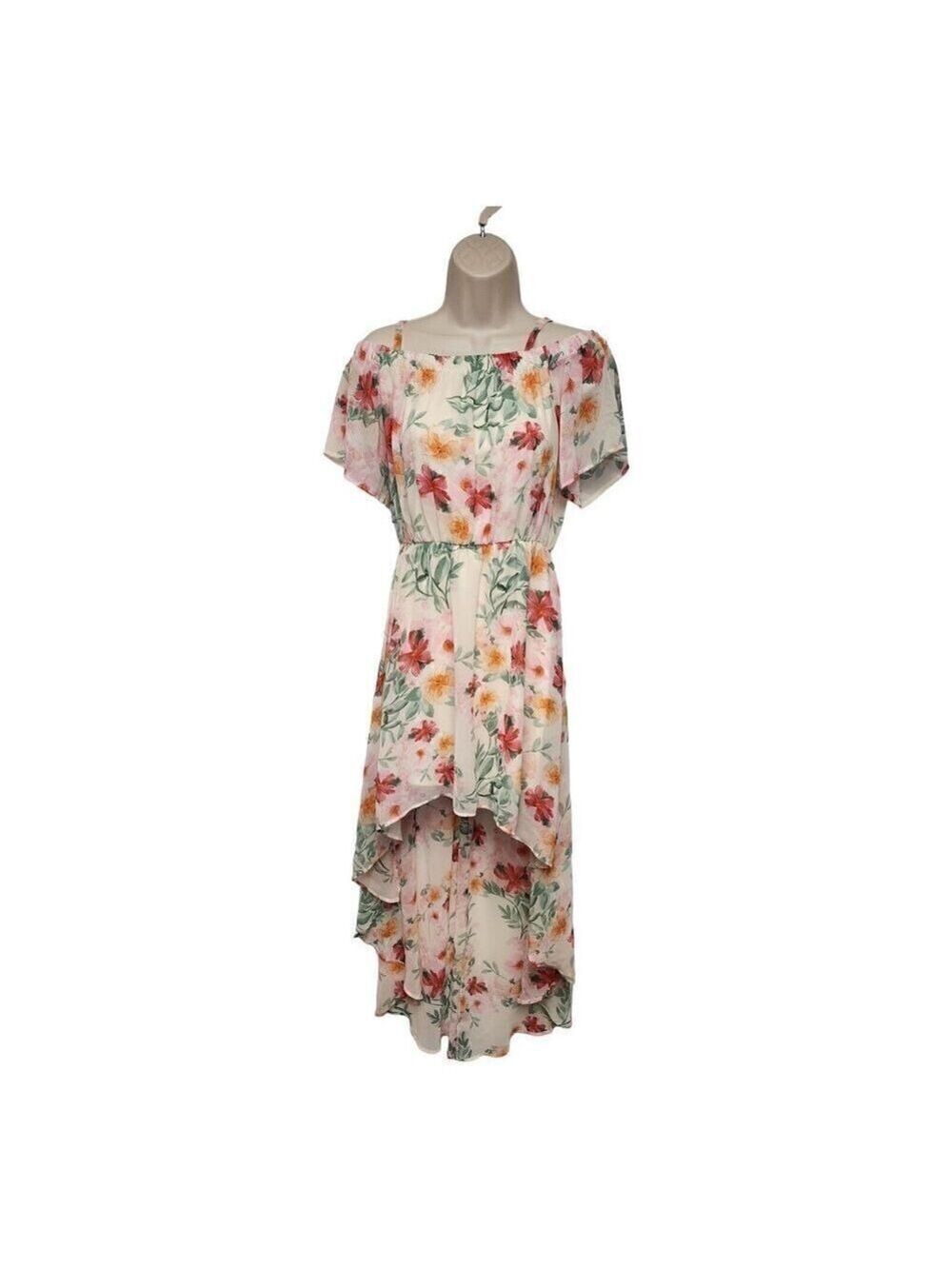 AUW Womans White Pink Floral High Low Off Shoulder Maxi Dress Size Small